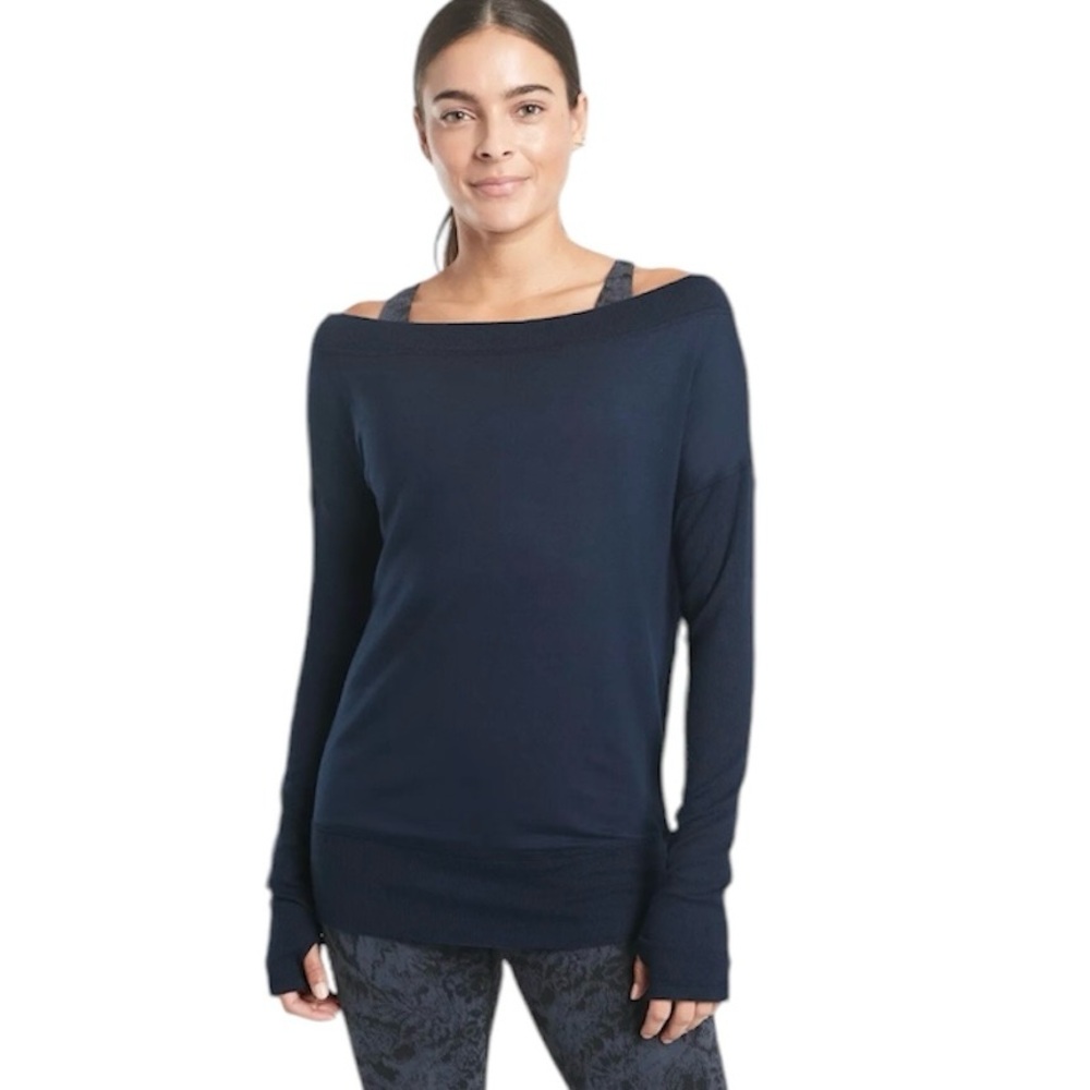 Athleta Studio Barre Sweatshirt Medium Long Sleeve Top Blue Off The Shoulder - Picture 1 of 8